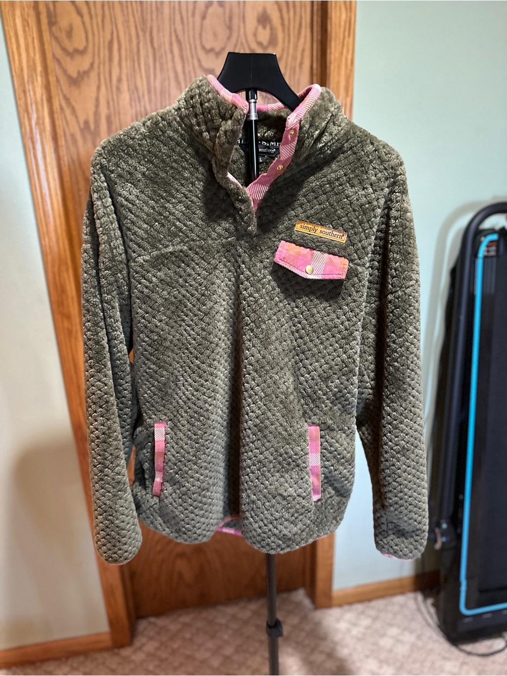 Simply Southern women's Olive Quilted Pullover with Pink Trim